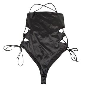 Wild Cat Black Satin Cutout Bodysuit Plus Size 2X Side Tie Strappy Thong NWT